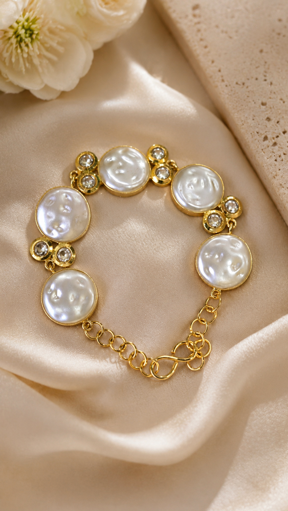White Coin Disc & Crystal Gold-Plated Chain Bracelet
