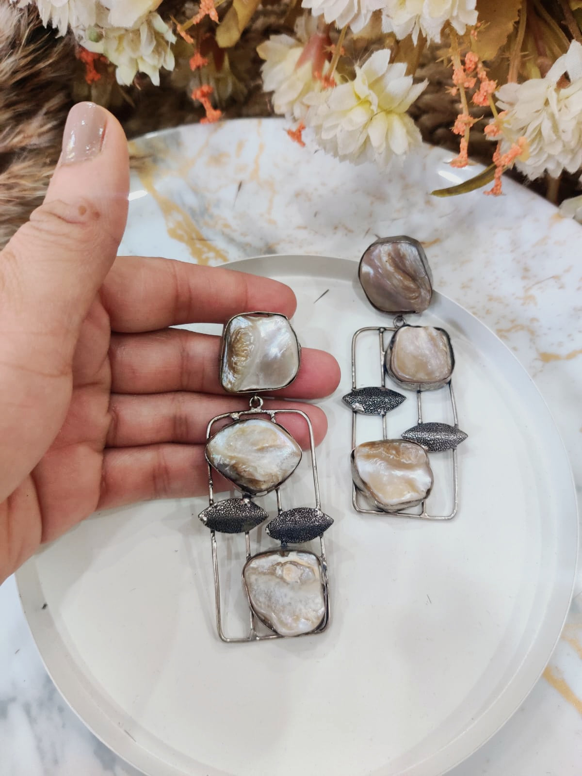 Boho Mother of Pearl Statement Earrings