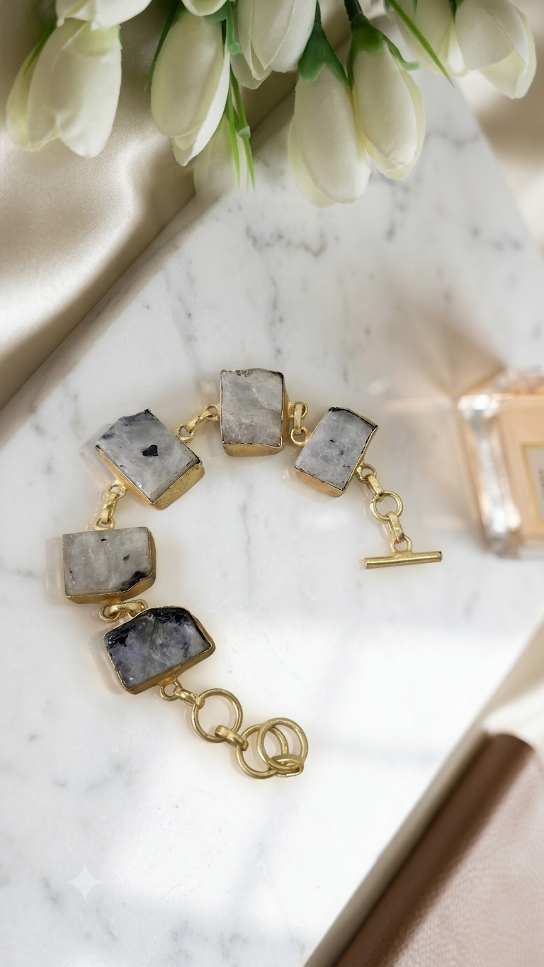 Raw Moonstone Gold Toggle Bracelet – Natural Rough Slice Stone Jewelry