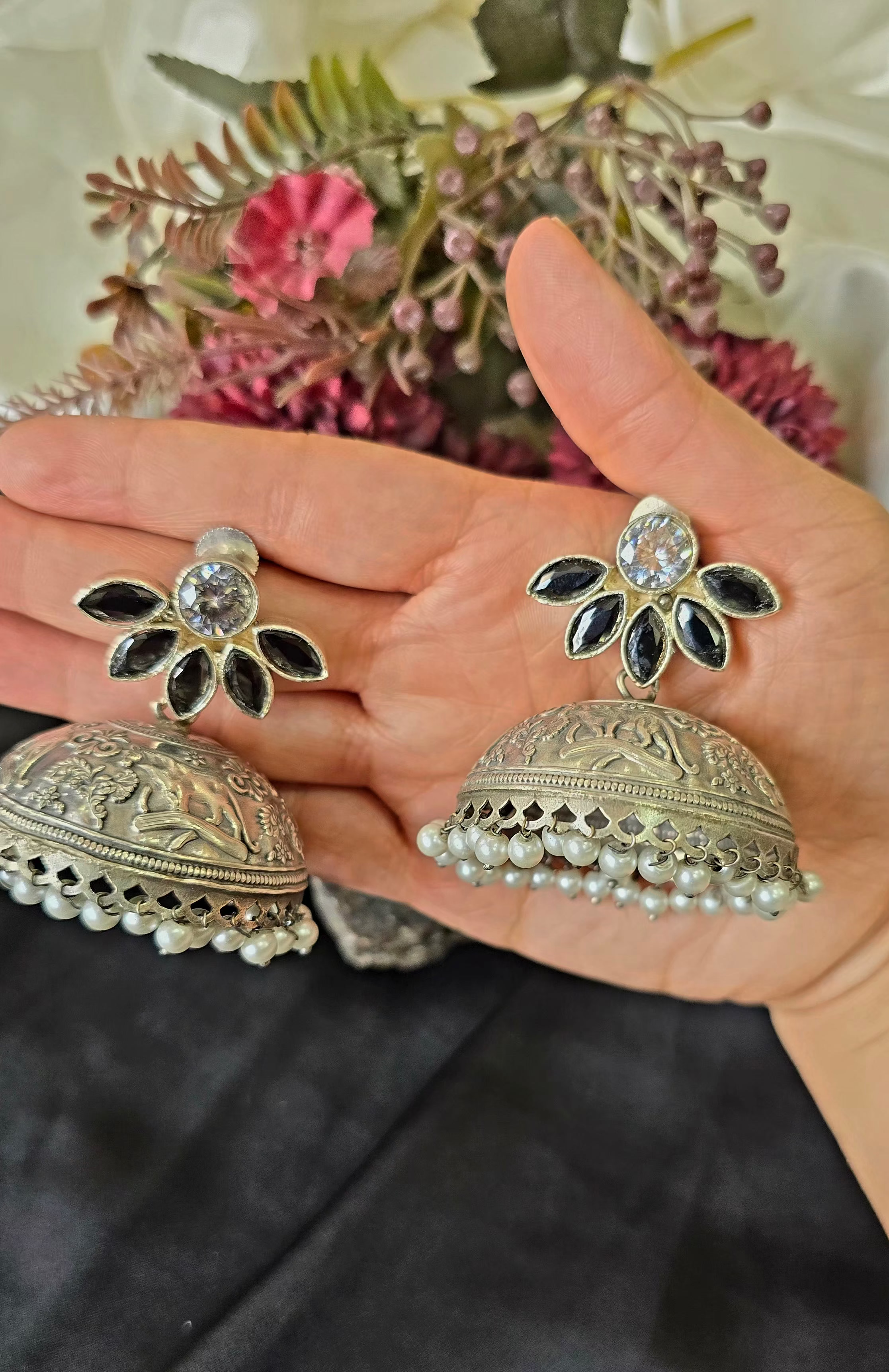 The Royal Blossom Oxidized Silver Jhumkas