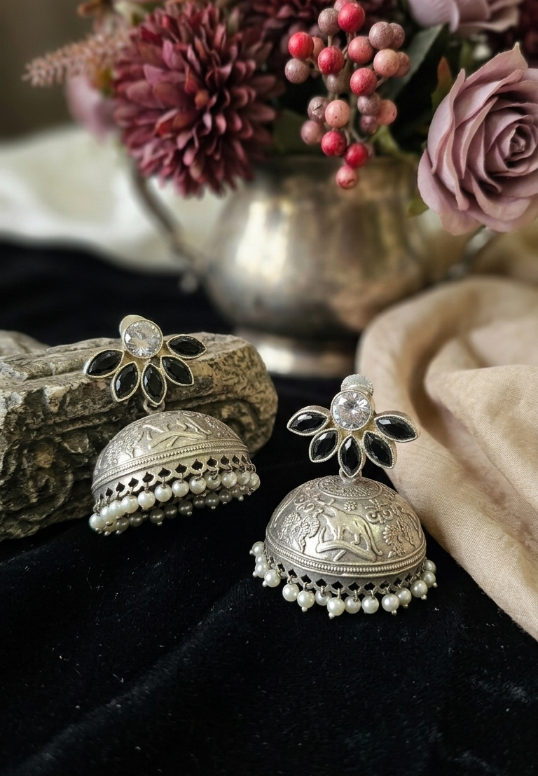 The Royal Blossom Oxidized Silver Jhumkas