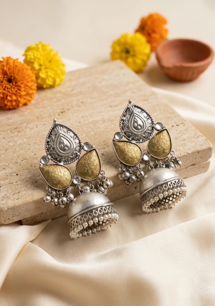Dual-Tone Oxidised Silver & Gold Paisley Jhumka Earrings with Pearl Drops