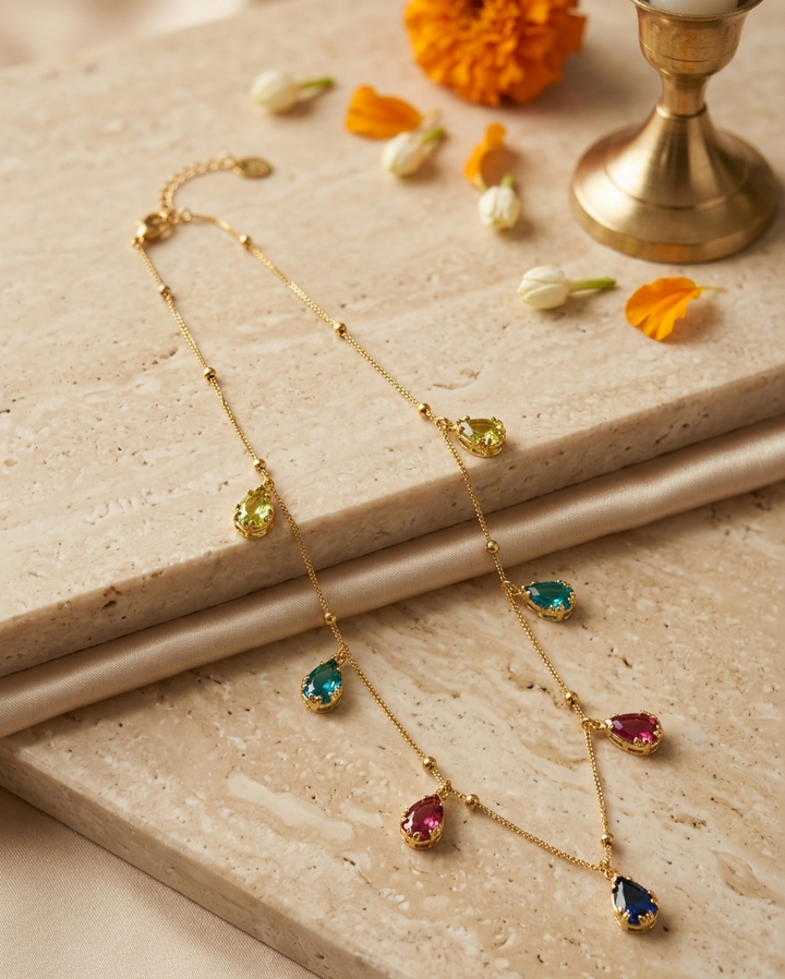 Multicolor Pear-Cut Gemstone Gold Drop Necklace