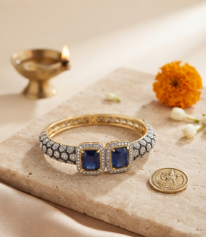 Regal Dual-Stone Gold Kada with Pave Diamond Detailing
