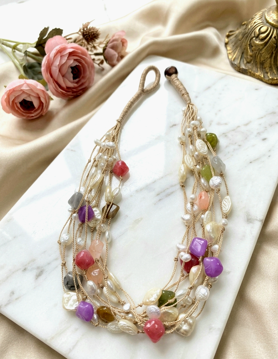 Handcrafted Multi-Strand Baroque Pearl & Semi-Precious Stone Statement Necklace
