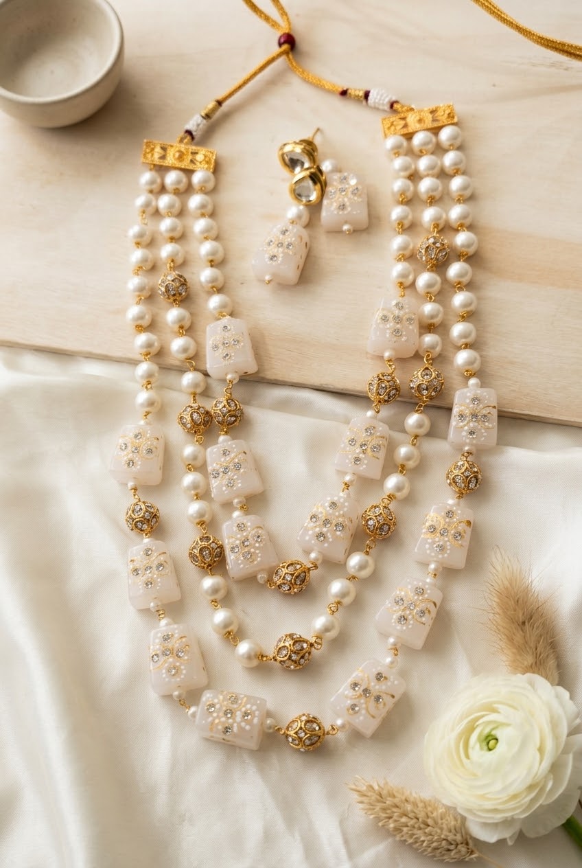 Three-Layer Pearl and Meenakari Bead Necklace Set with Matching Earrings