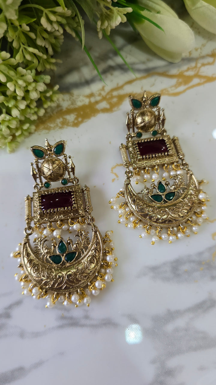 Traditional Gold-Plated Chandbali Earrings with Ruby Red Square Stones and Emerald Green Highlights
