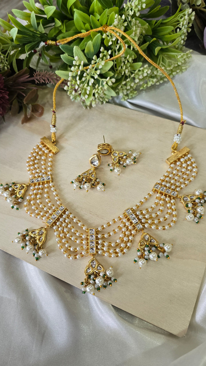 Royal Kundan & Multi-Layer Pearl Choker Necklace Set with Jhumka Earrings