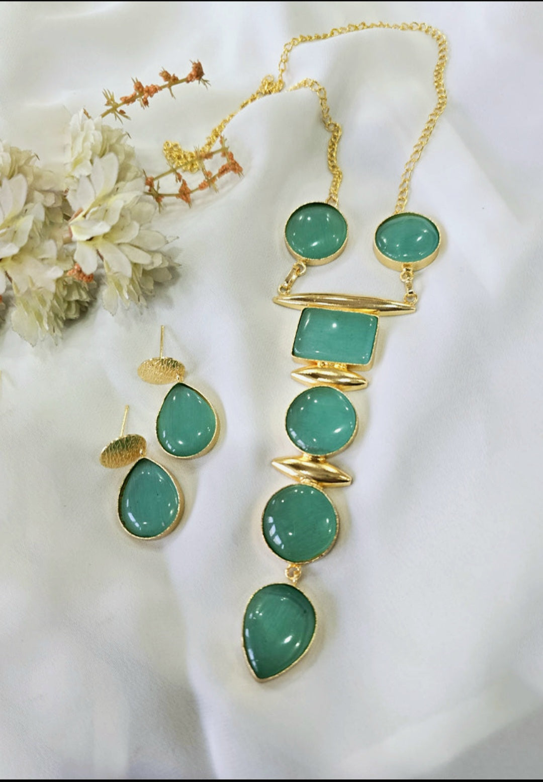 Gold Finish Multicolor Geometric Stone Statement Necklace & Earrings Set