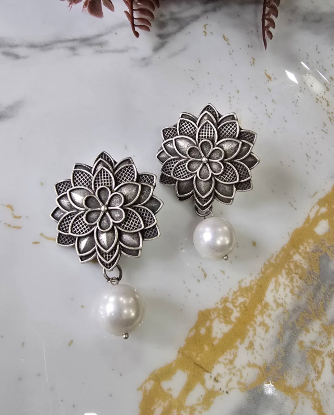 Vintage Oxidized Floral Earrings with Pearl Drops