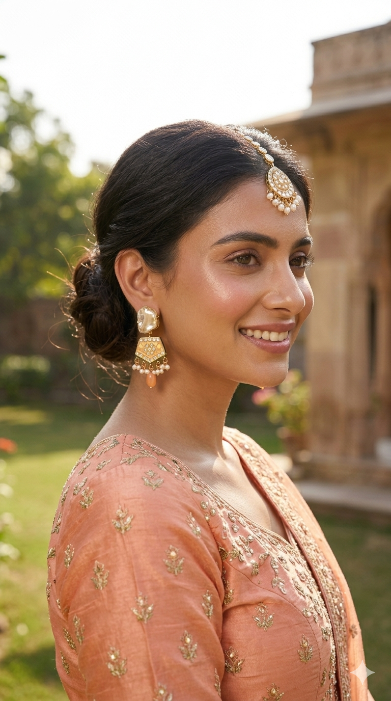Handcrafted Peach Meenakari Earrings with Baroque Pearls and Kundan