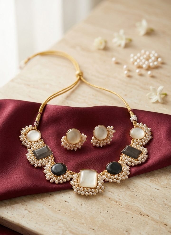 Handcrafted Pearl Cluster Choker with Matching Studs