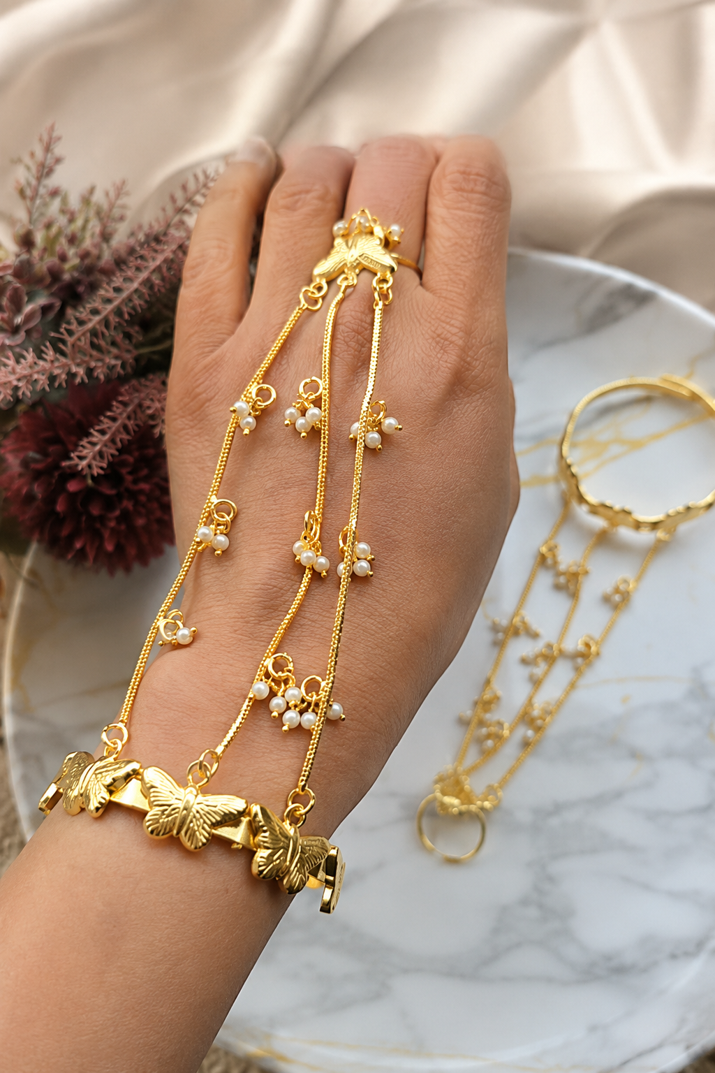 Gold-Plated Butterfly Charm Hathphool with Pearl Accents