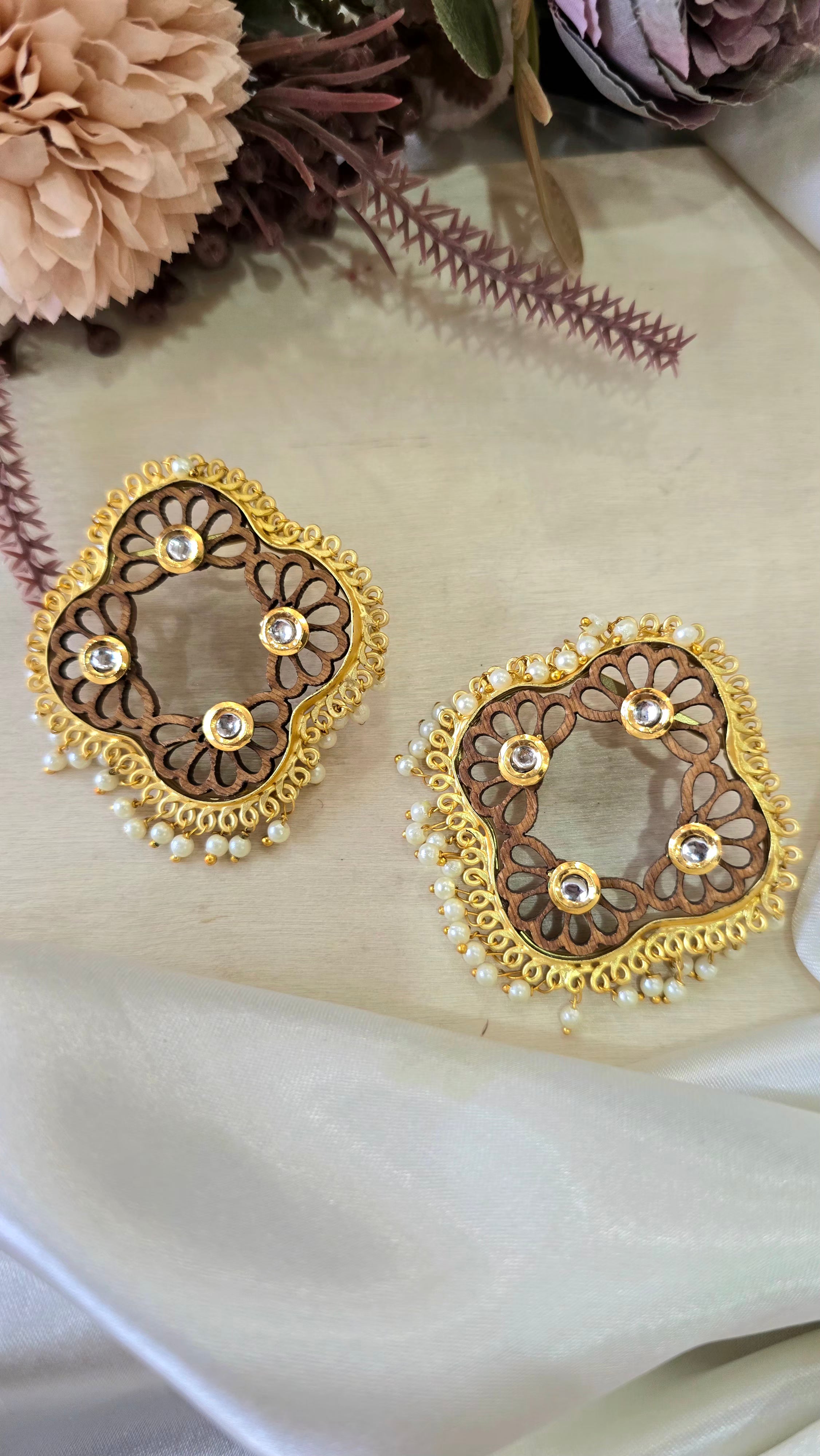 Handcrafted Wooden Statement Earrings – Gold Filigree and Pearl Drop Studs