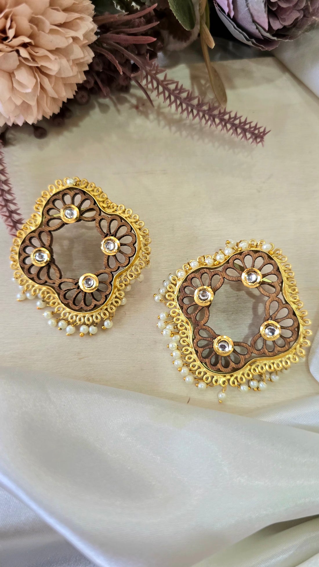 Handcrafted Wooden Statement Earrings – Gold Filigree and Pearl Drop Studs