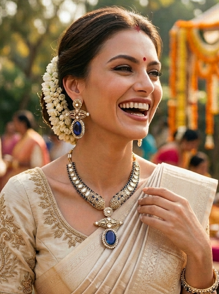 Royal Blue Kundan Choker Necklace and Earring Set with Antique Gold Finish