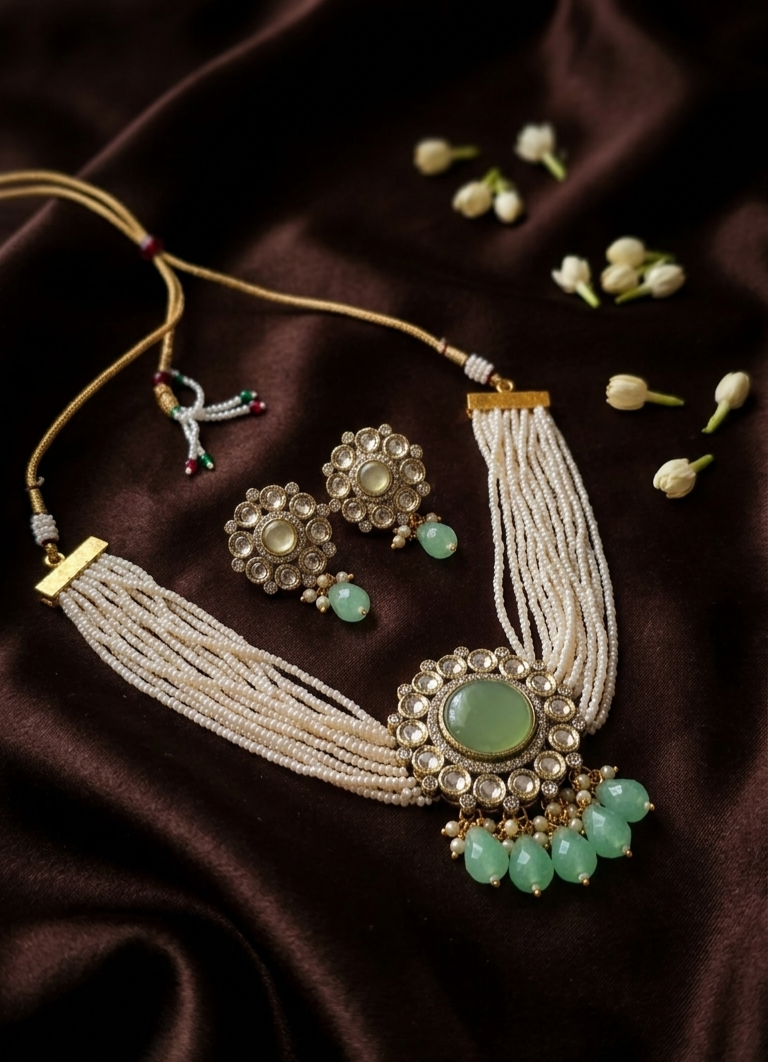 Handcrafted Kundan & Pearl Multi- Strand Choker Set with Peach Monalisa Stones