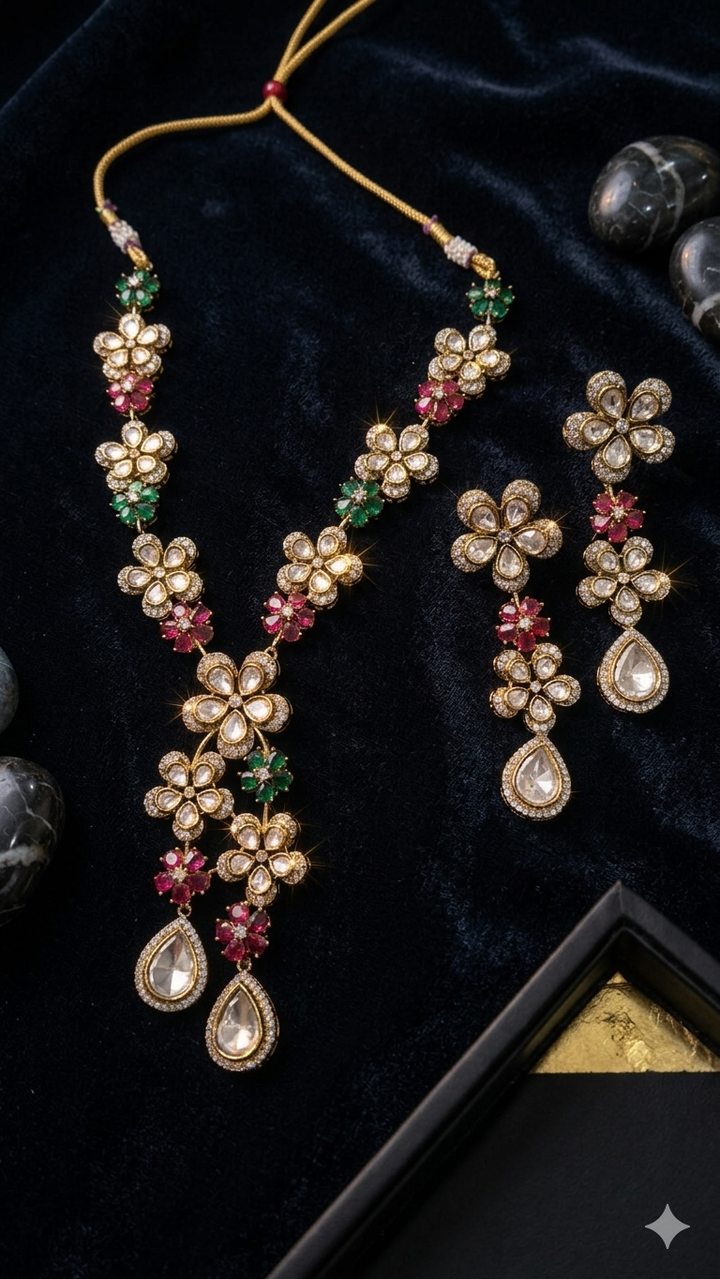 Meenakari Style Floral Choker Necklace and Earrings Set