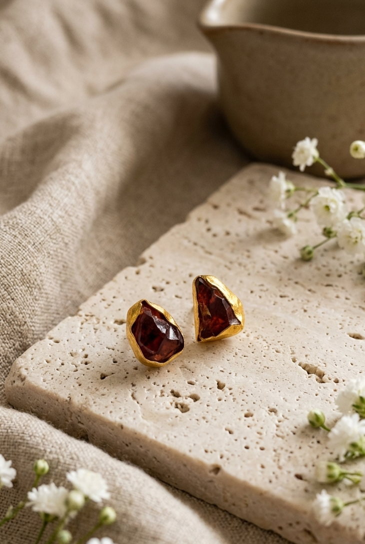 The Crimson Relic Stud Earrings in gold setting