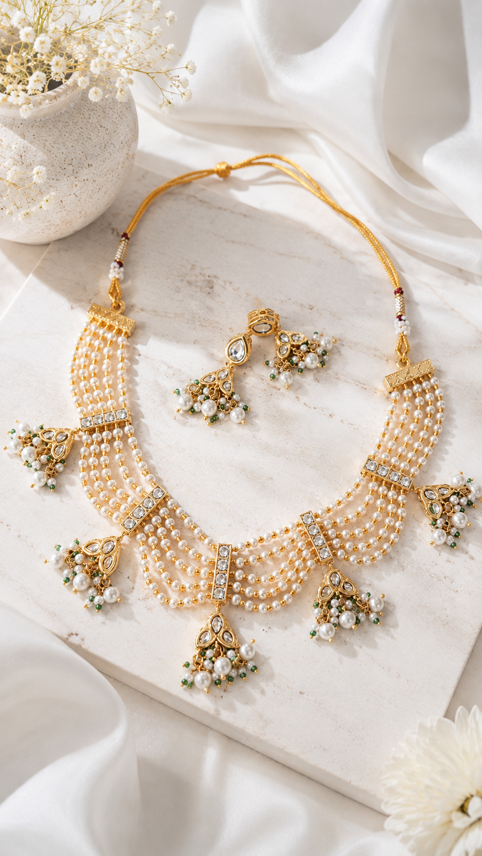 Royal Kundan & Multi-Layer Pearl Choker Necklace Set with Jhumka Earrings
