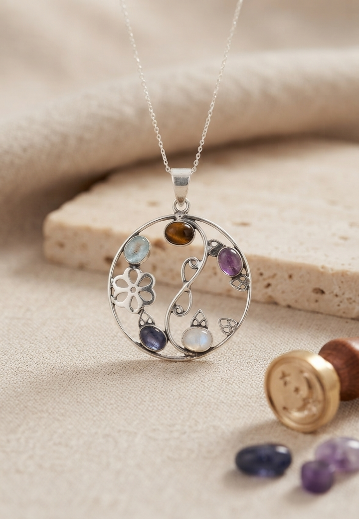 Sterling Silver Multi-Stone Moonstone Charm Necklace (pendant only)