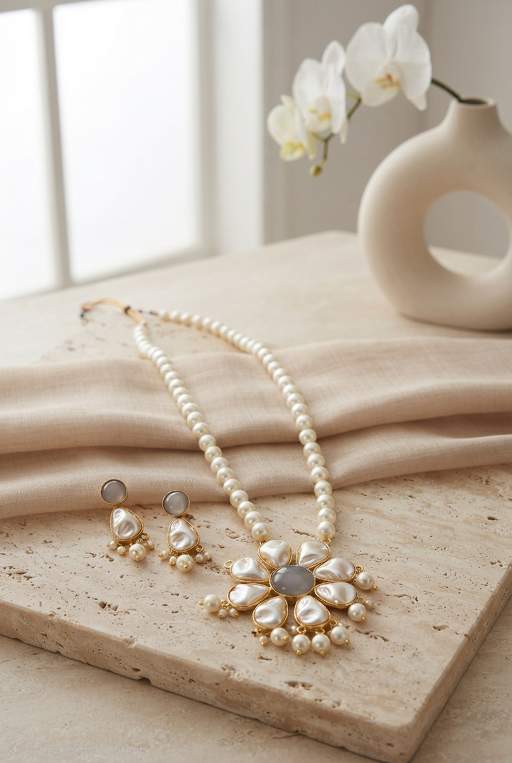Golden Ivory Floral Pearl and Grey Stone Necklace Set