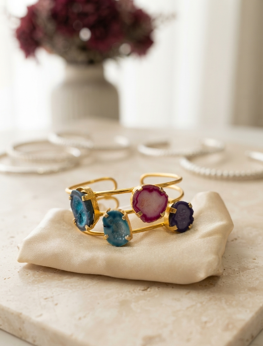 Irregular Agate Gold Cuff - Vibrant Druzy Statement Piece (random color)