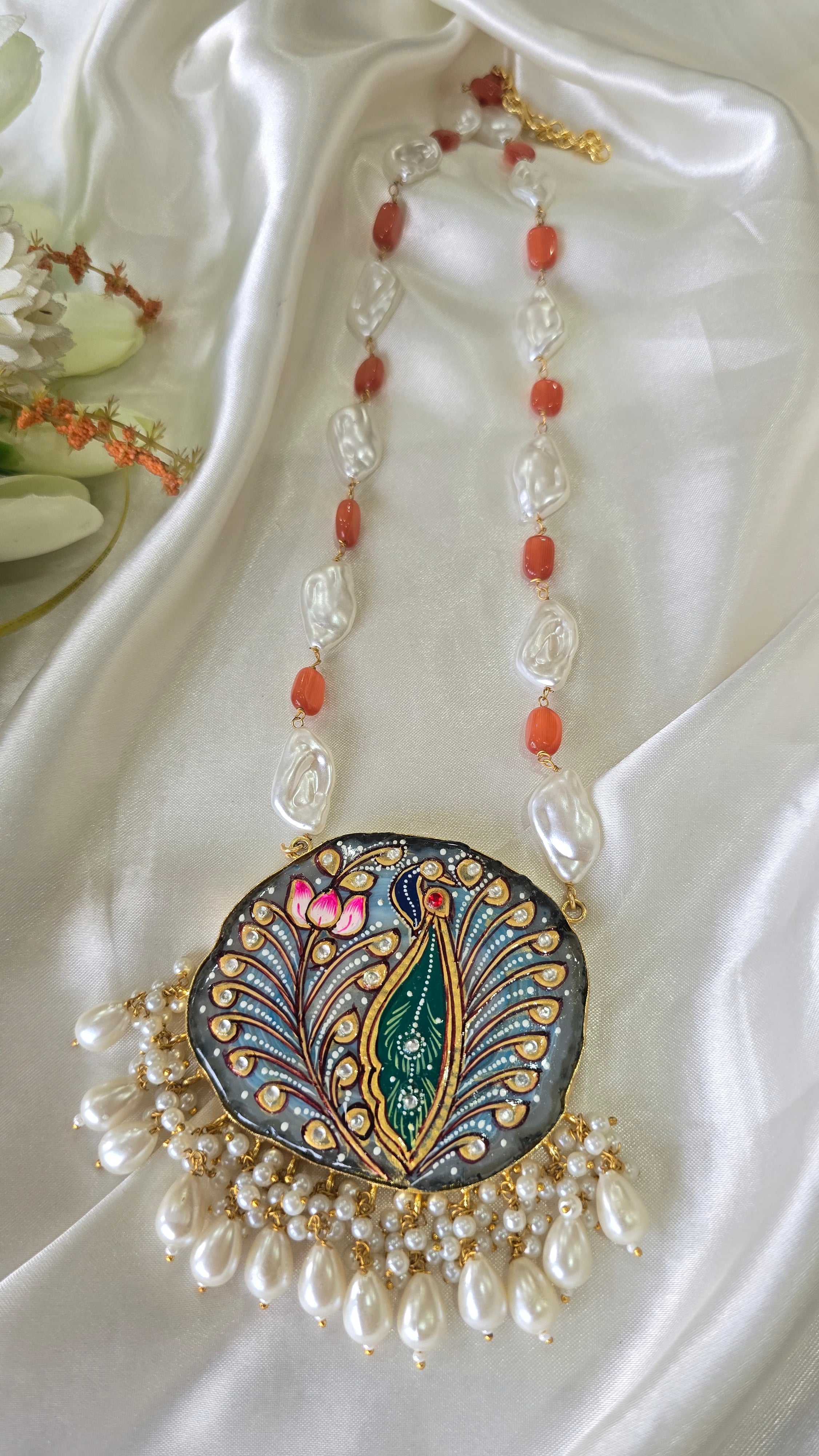 The Mayura Heritage Necklace – Hand-Painted Pendant with Keshi Pearls