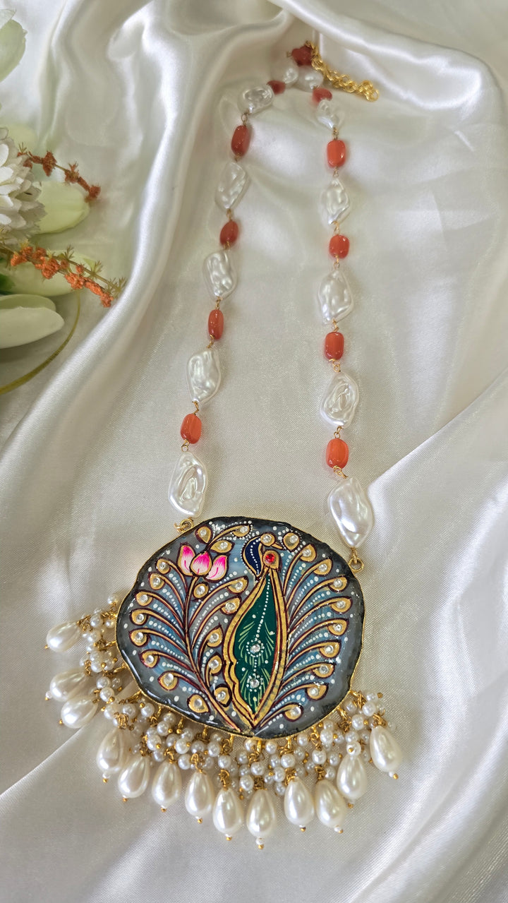 The Mayura Heritage Necklace – Hand-Painted Pendant with Keshi Pearls