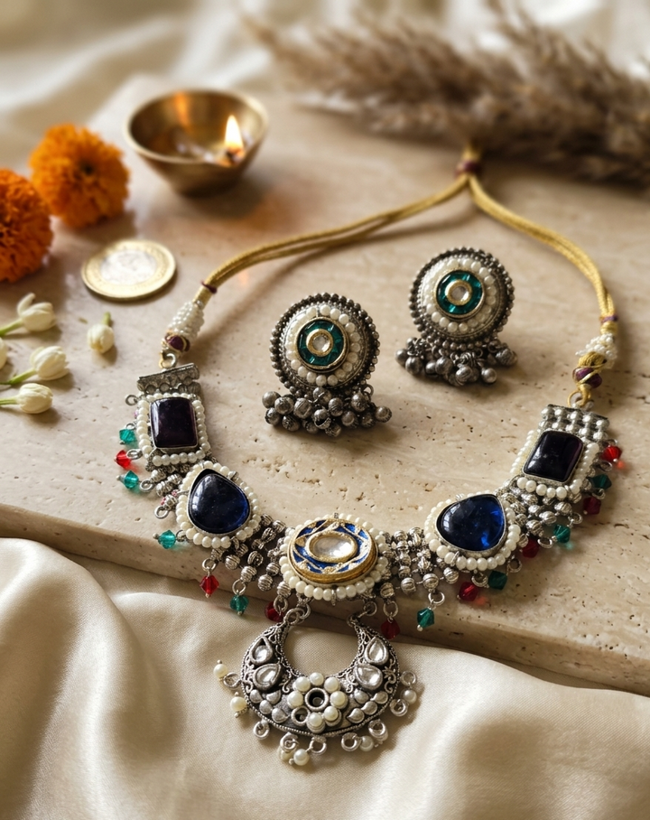 German Silver Royal Kundan & Multi-Gemstone Choker Set with Matching Earrings