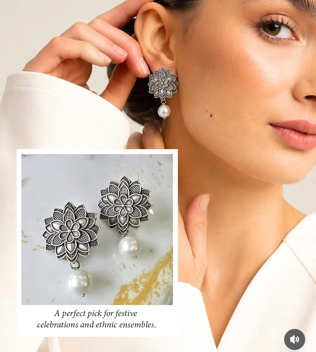 Vintage Oxidized Floral Earrings with Pearl Drops