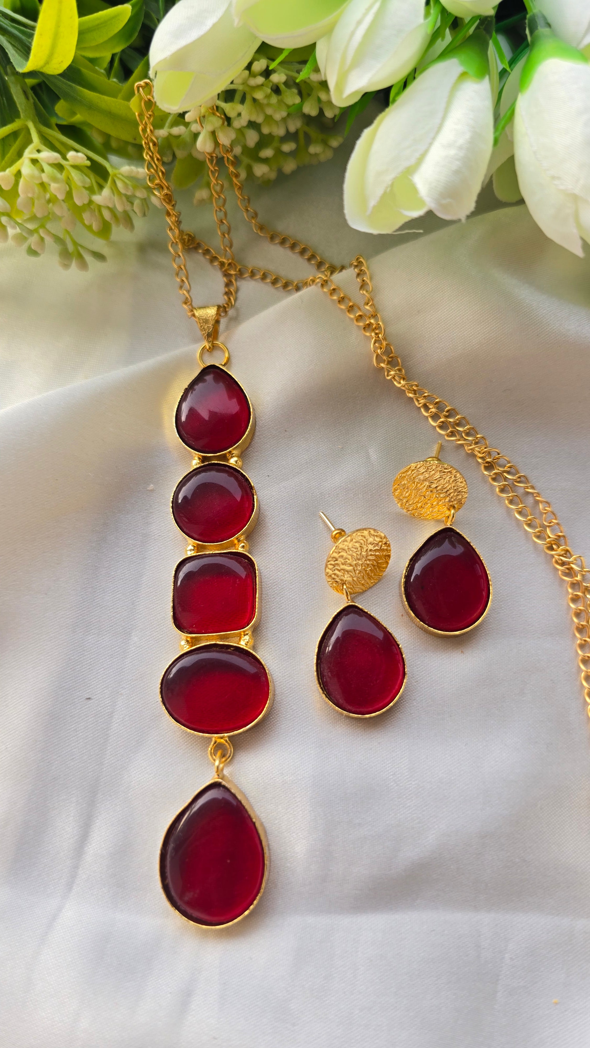 Handcrafted Multi-Shape Stone Pendant Necklace and Earrings Set