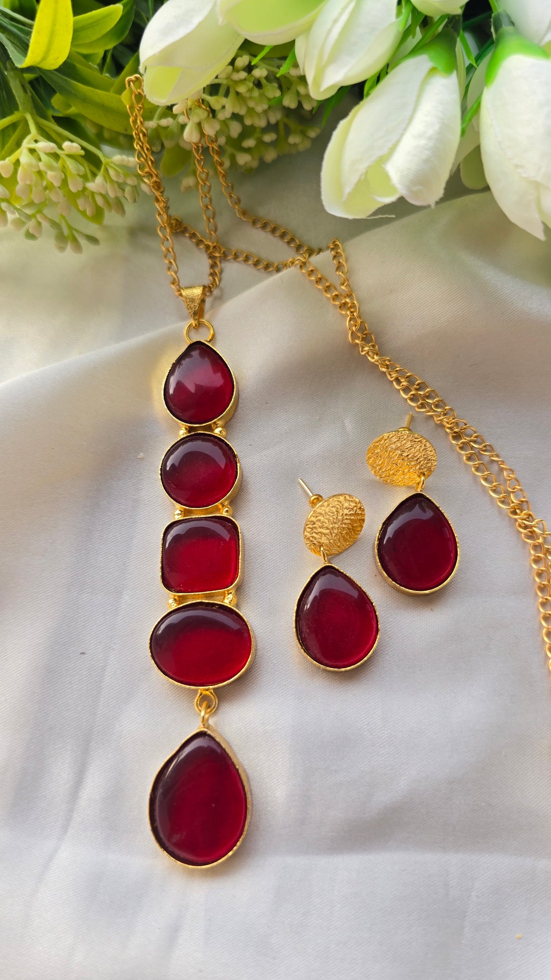 Handcrafted Multi-Shape Stone Pendant Necklace and Earrings Set