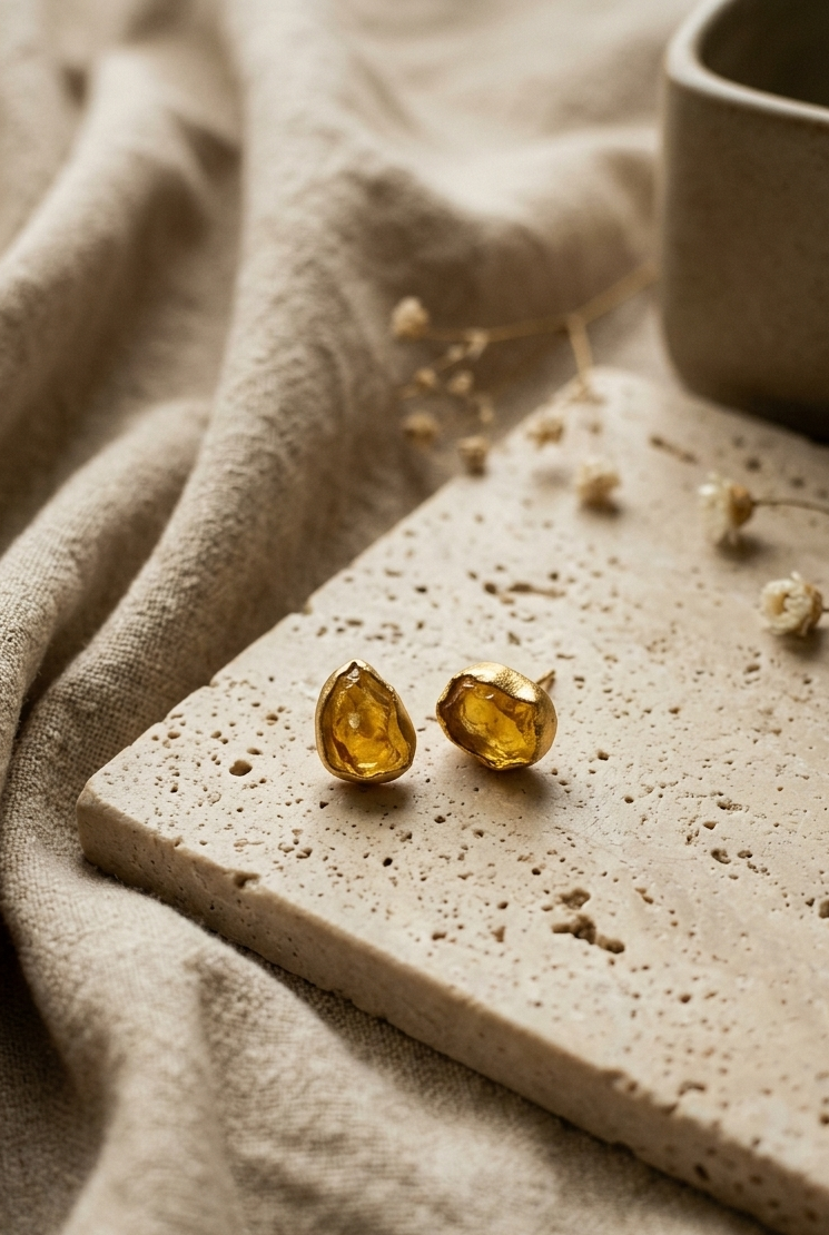 The Crimson Relic Stud Earrings in gold setting