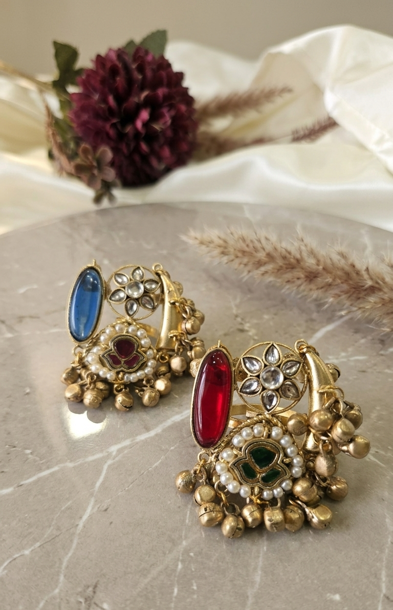 The Heritage Bloom Cocktail Ring: Handcrafted Gold, Red Stone, and Pearl Detail