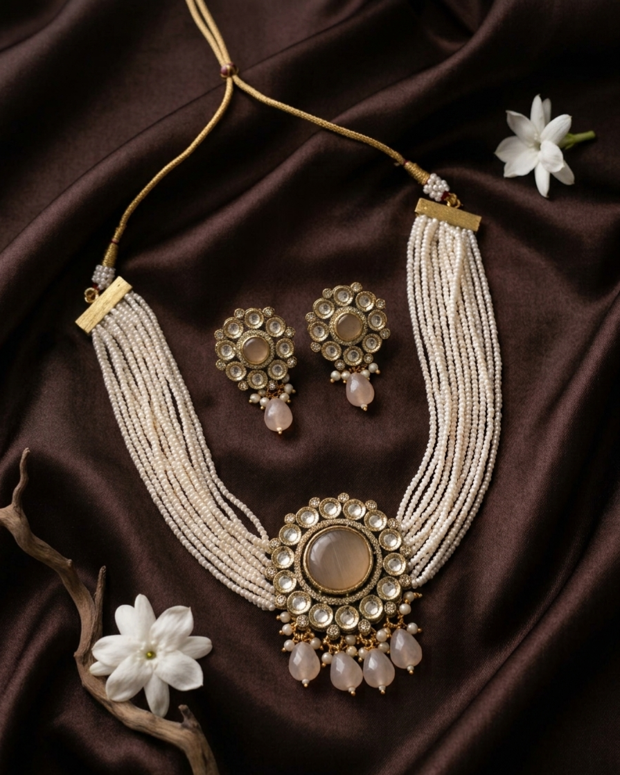 Handcrafted Kundan & Pearl Multi- Strand Choker Set with Peach Monalisa Stones
