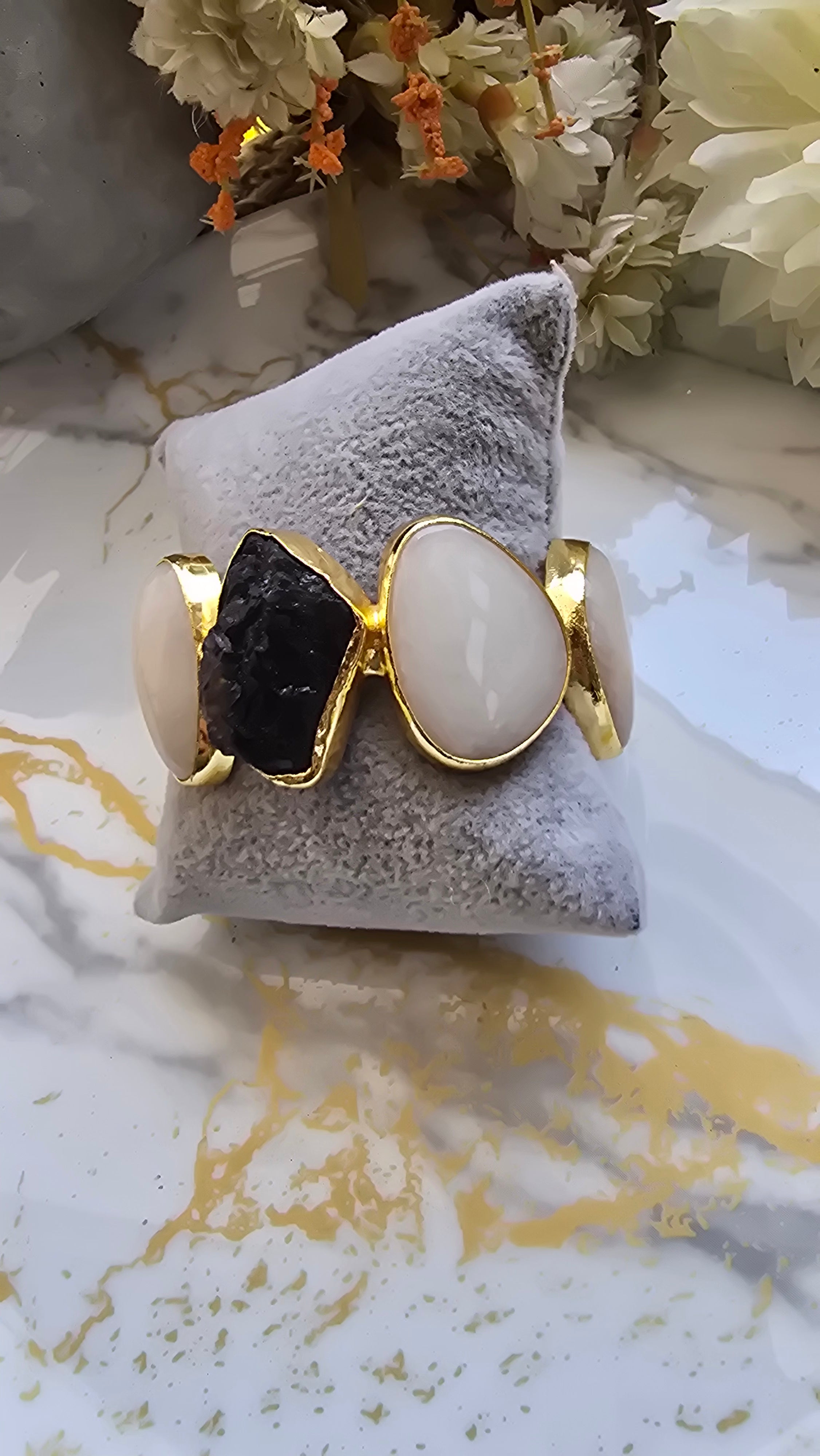 The Monochrome Muse: Raw Black Tourmaline & Moonstone-Finish Statement Cuff