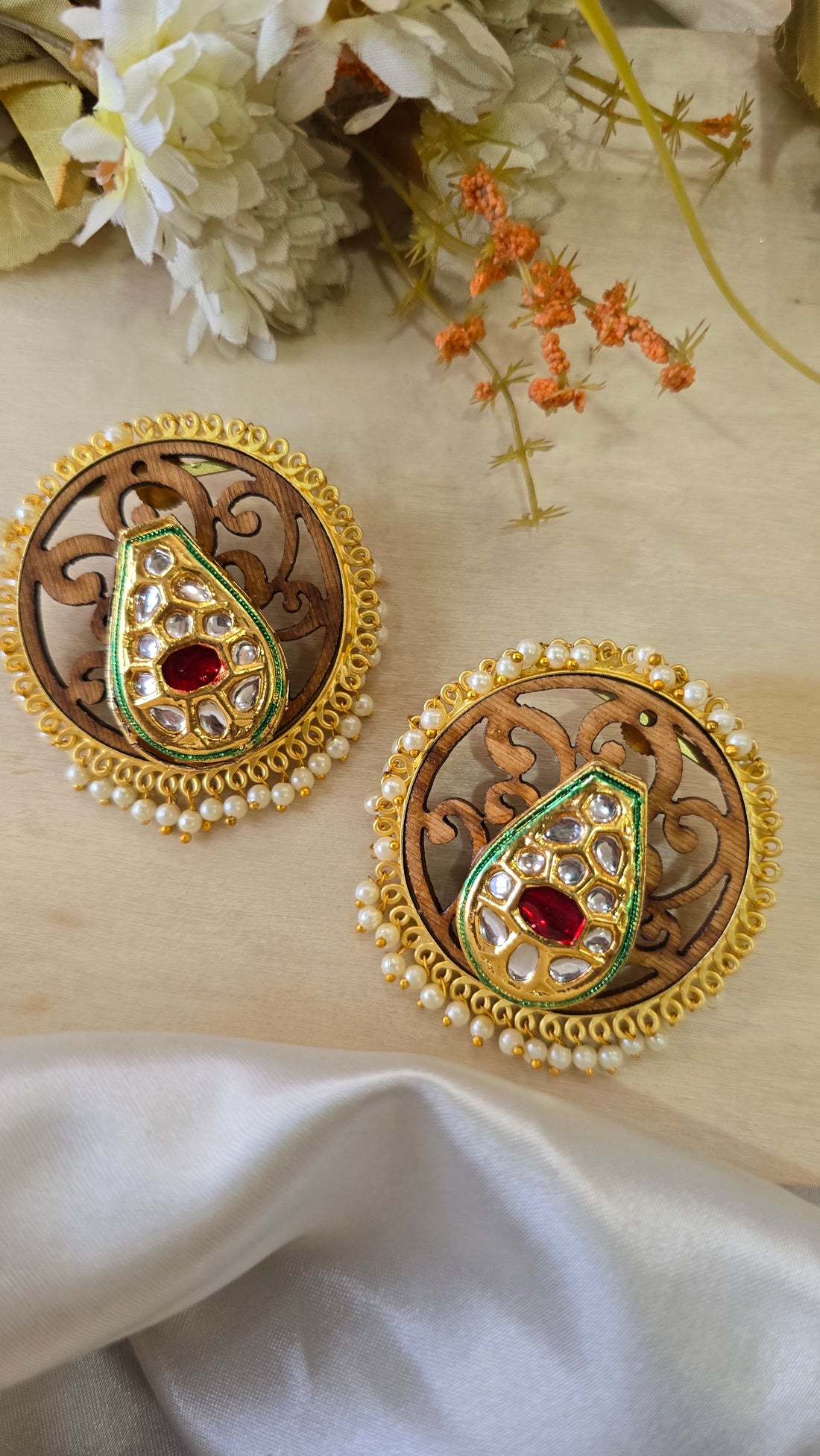 Handcrafted Wood Engraved Kundan Stud Earrings with Pearl Border