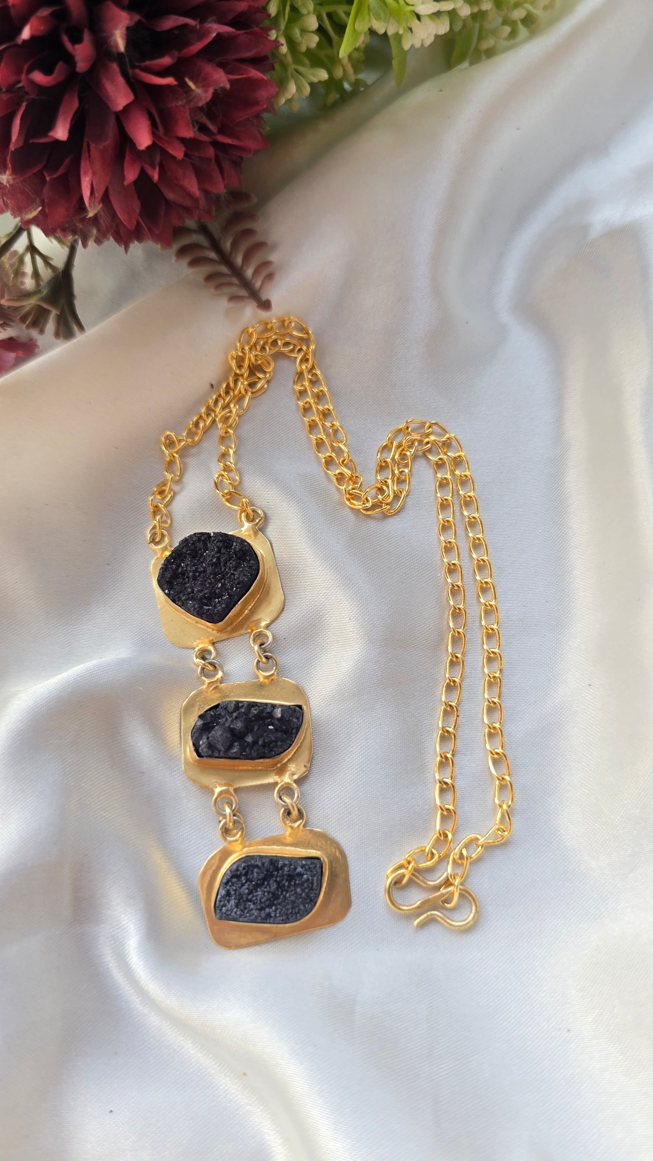 Black Druzy Quartz Three-Stone Drop Necklace in Gold Plating