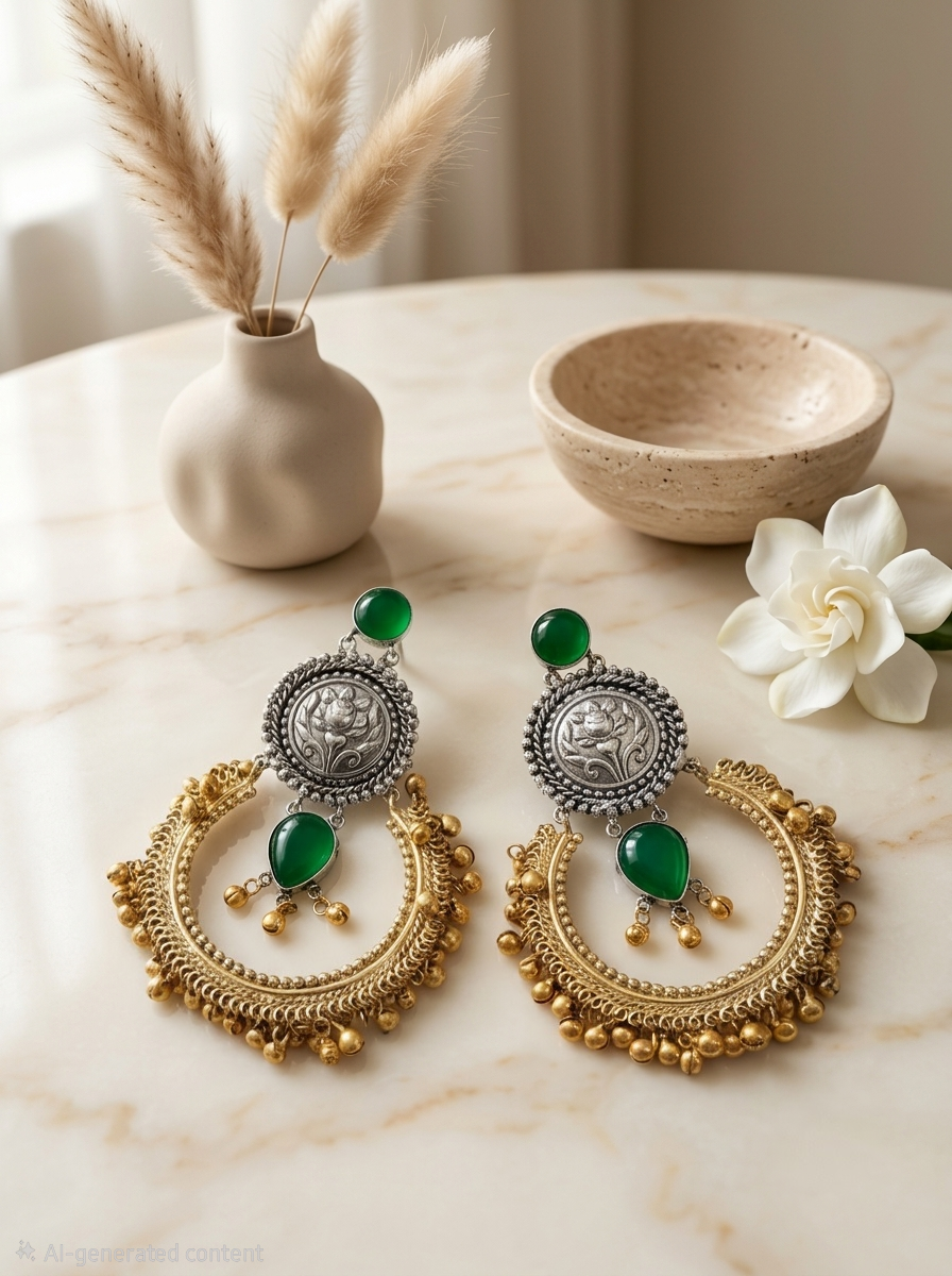 Oxidized Silver & Gold-Tone Crescent Chandbali Earrings