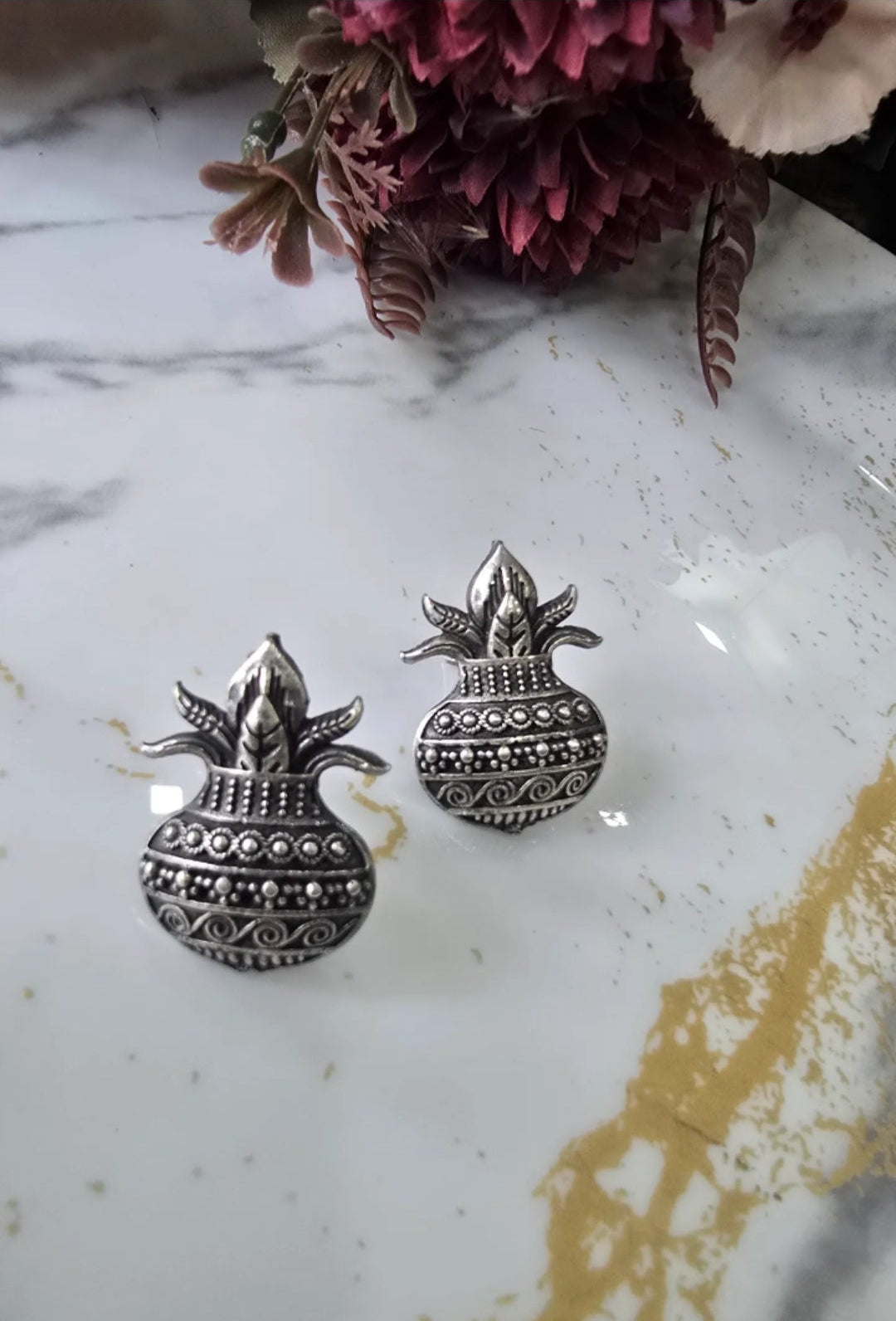 Textured Oxidized Silver Kalash Motif Studs