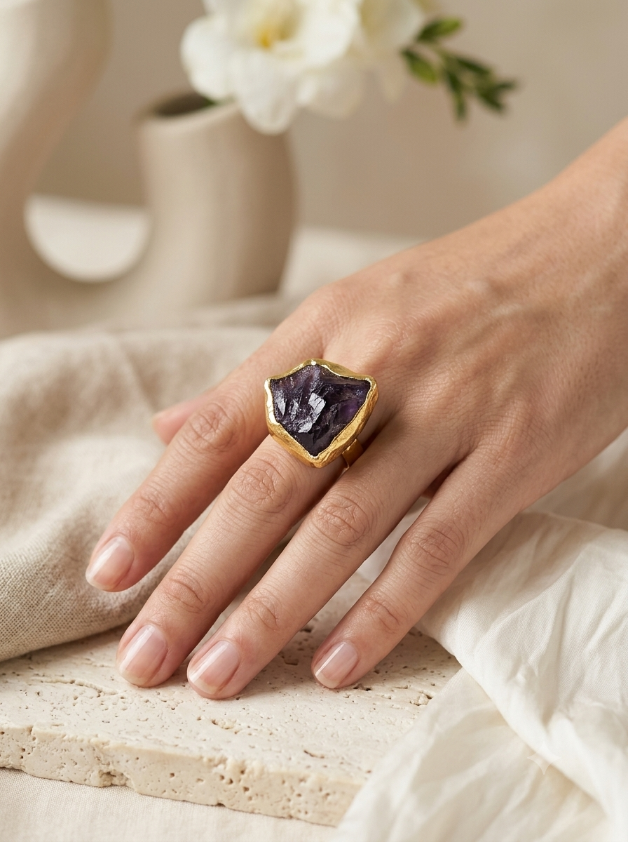 Amara Raw Amethyst Statement Ring in 18K Gold Plated Bezel