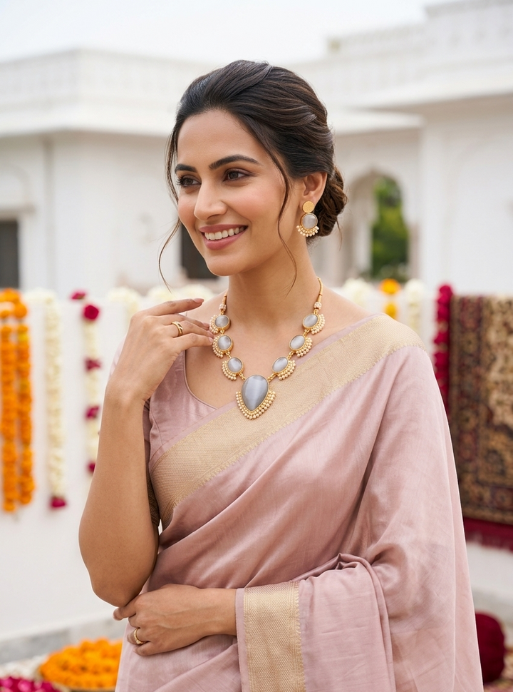 Gold-Plated Grey Monalisa Stone Necklace Set with Pearl Beading