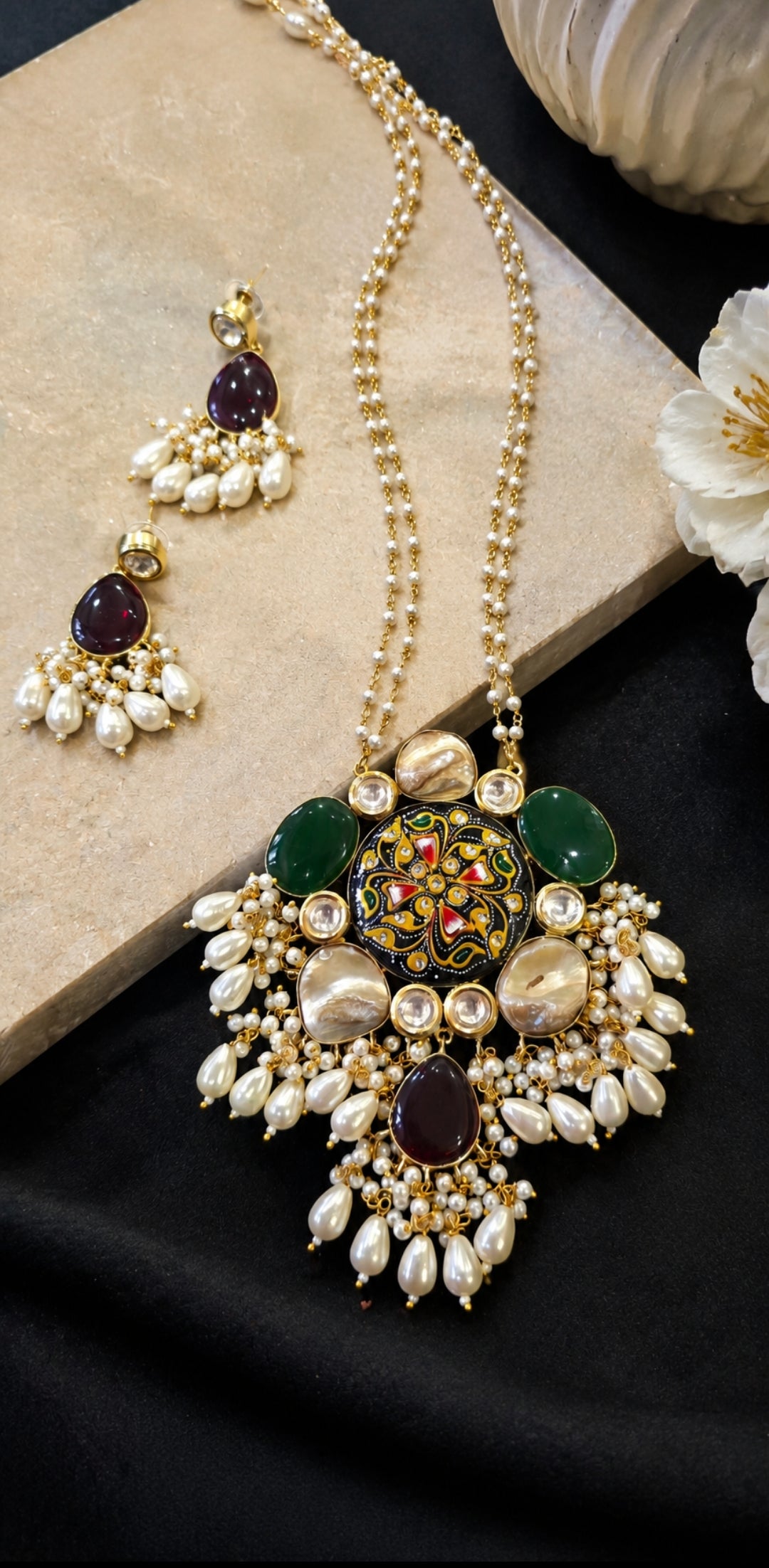 Handcrafted Meenakari Floral Pendant Necklace Set with Cat’s Eye Stones & Pearl Droplets