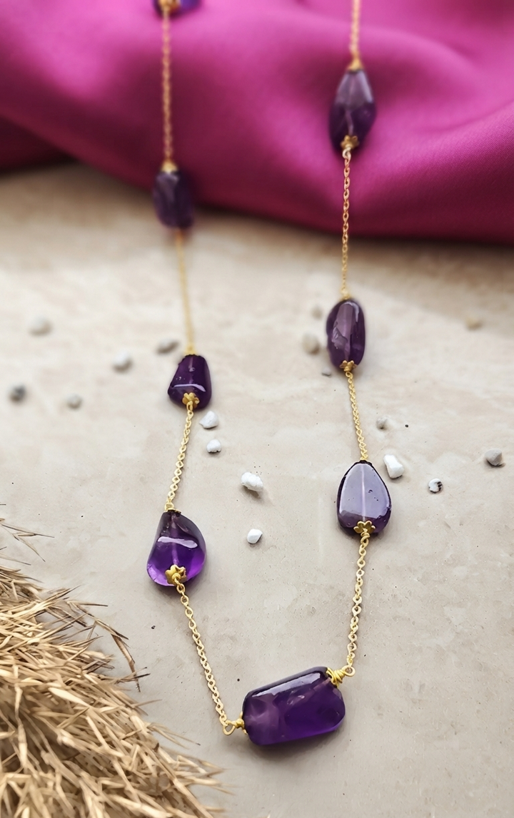 Regal Amethyst & Gold Handcrafted Long Chain