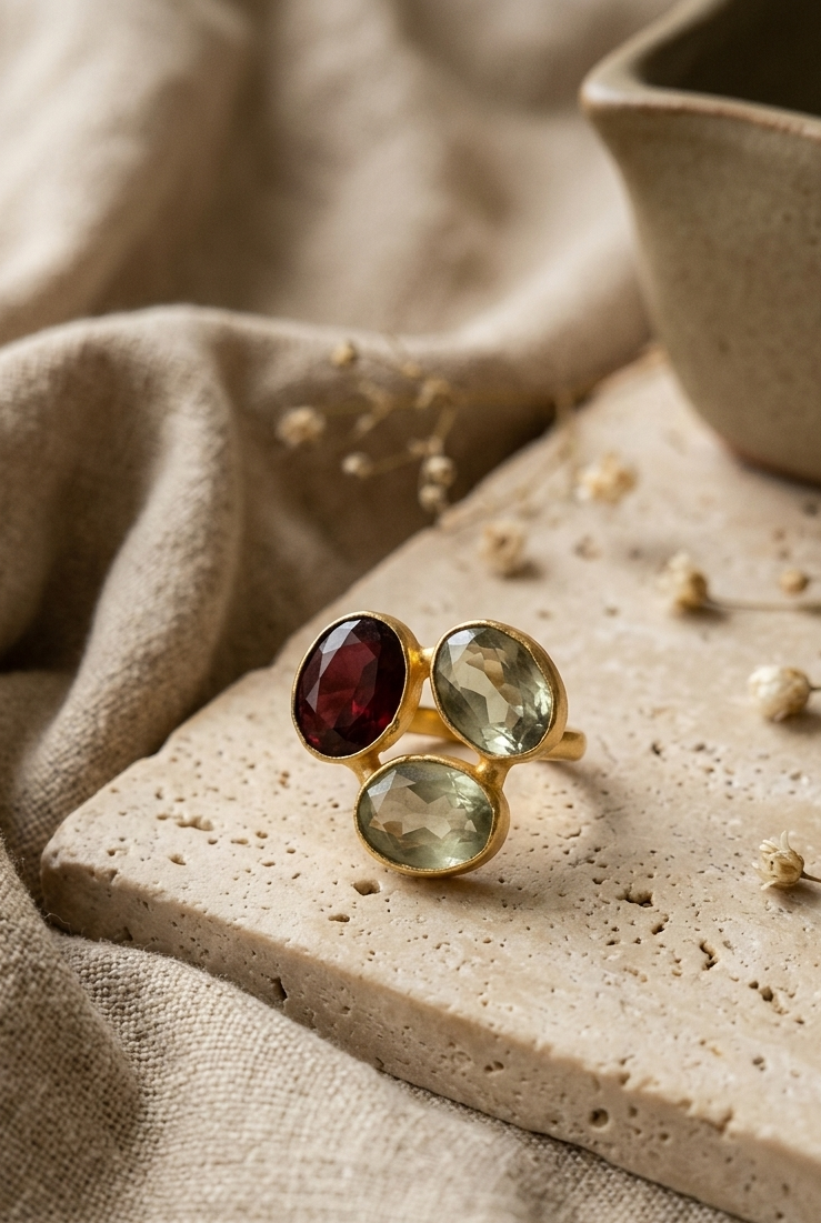 Three-Stone Botanical Cocktail Ring in Matte Gold