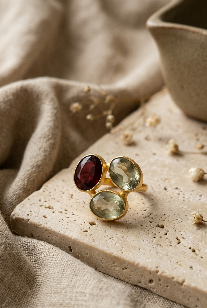 Three-Stone Botanical Cocktail Ring in Matte Gold