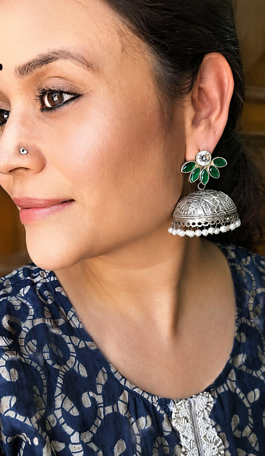 The Royal Blossom Oxidized Silver Jhumkas