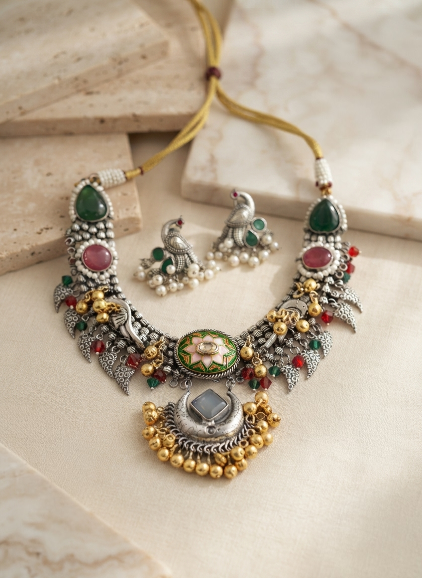 Antique Oxidized Necklace Set – with Multi-Color Stones