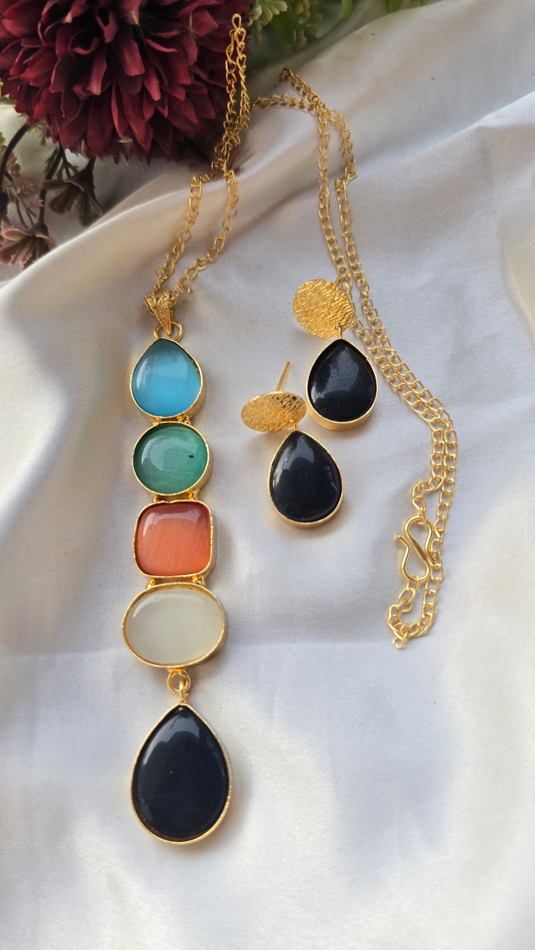Handcrafted Multi-Shape Stone Pendant Necklace and Earrings Set